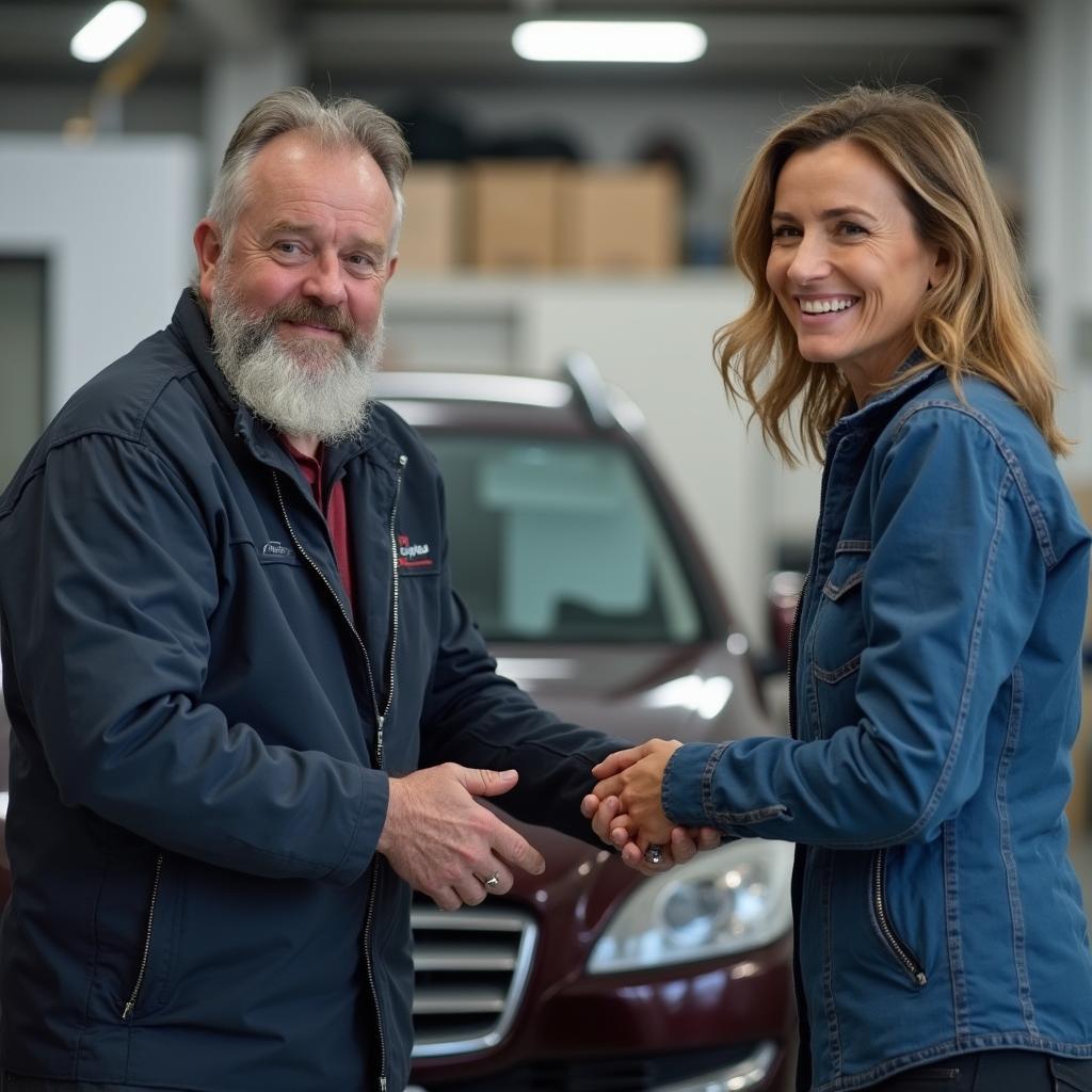 Satisfied customer receiving their repaired car in Abergavenny