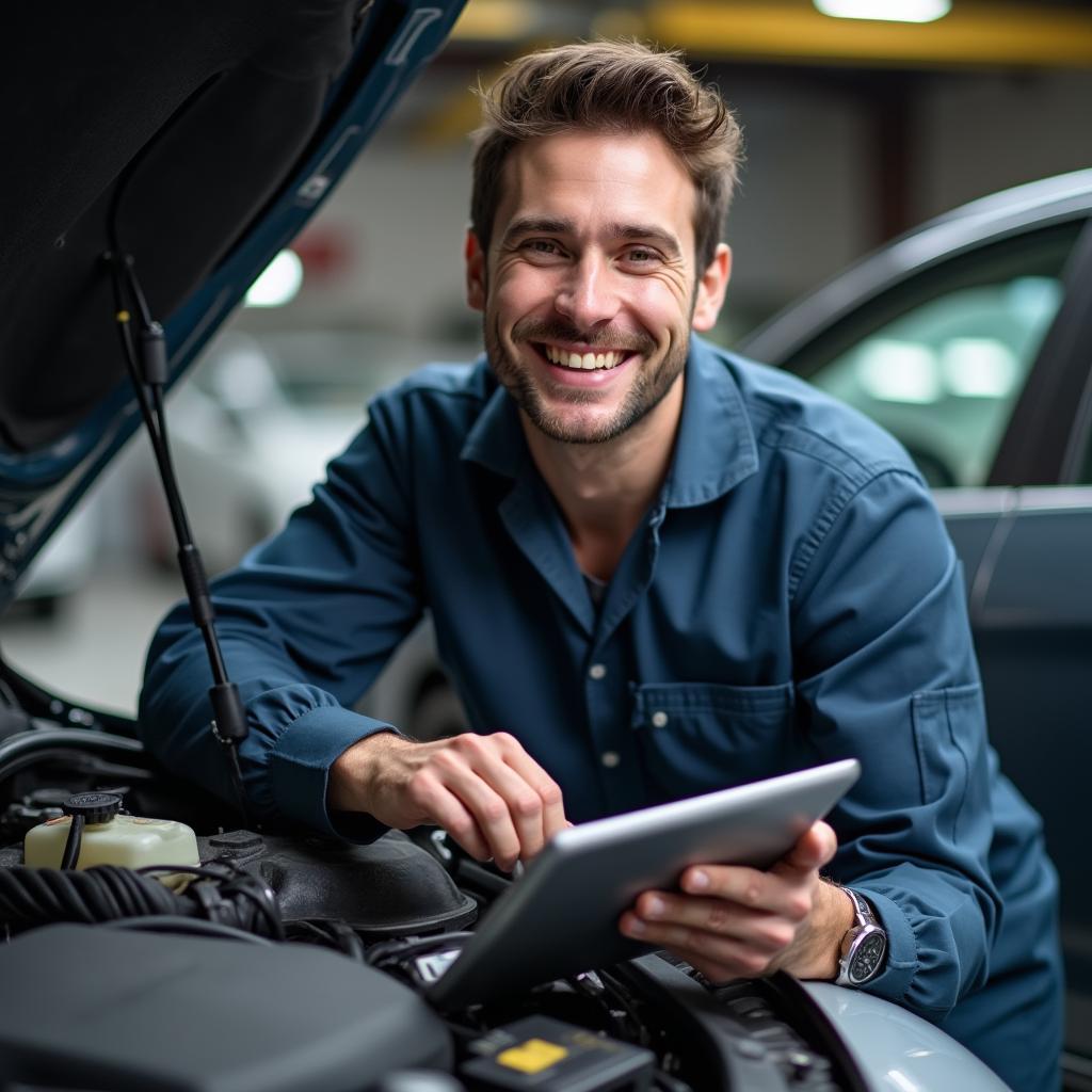 Mechanic inspecting damage on a car for an affordable repair quote