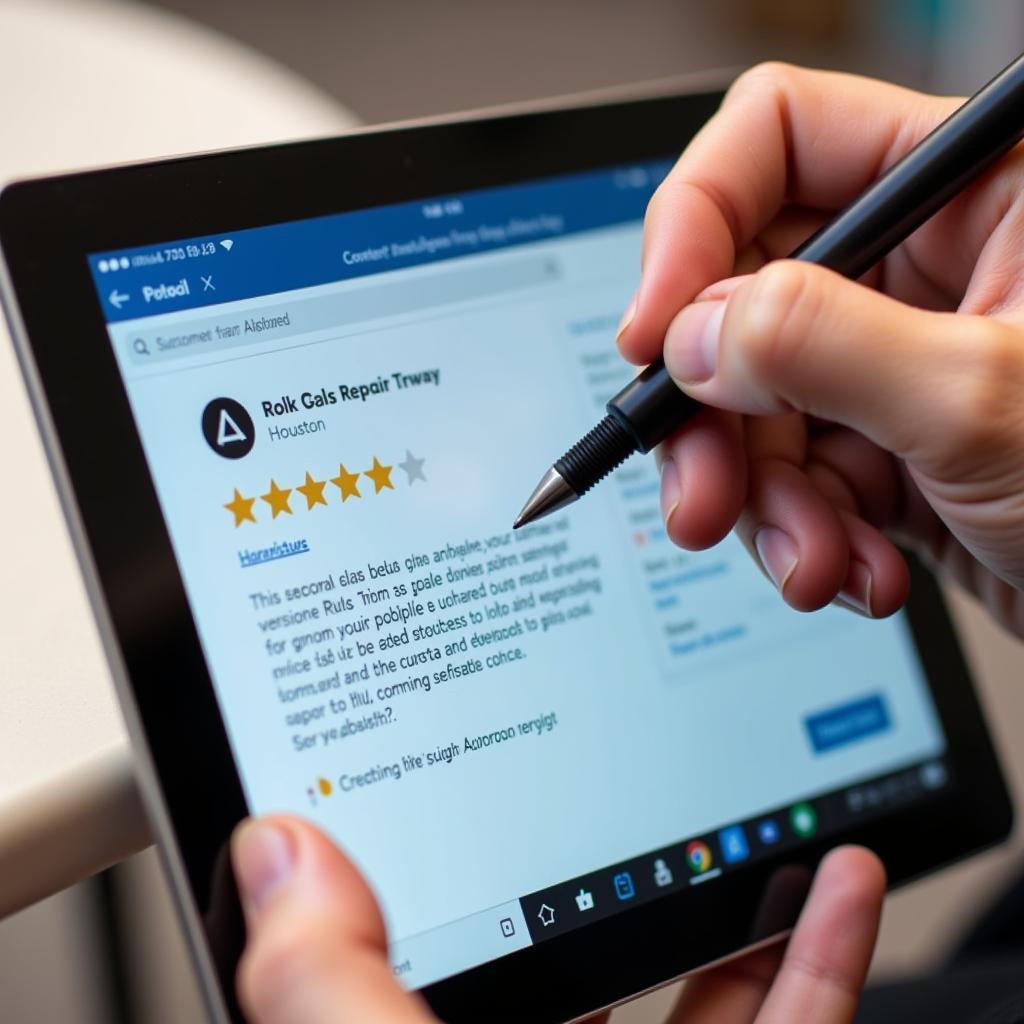 A customer leaving a positive online review on a tablet for an auto glass repair shop in Houston.