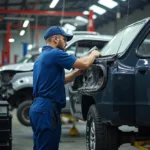 Car body repair shop in Aldershot with skilled technicians working on a damaged vehicle