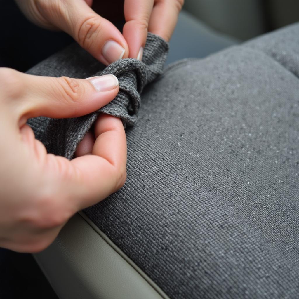 Hands aligning torn car seat fabric using binder clips