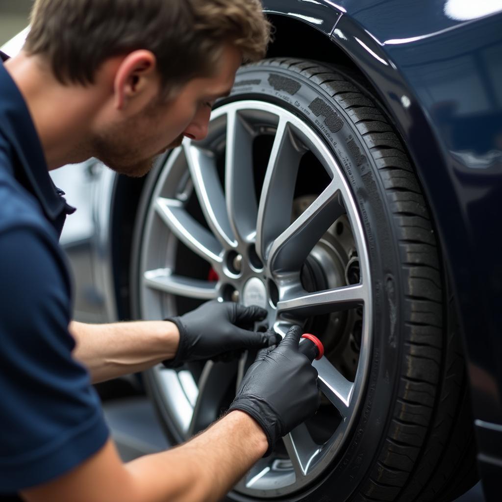 Close-up of a technician meticulously restoring a damaged alloy wheel