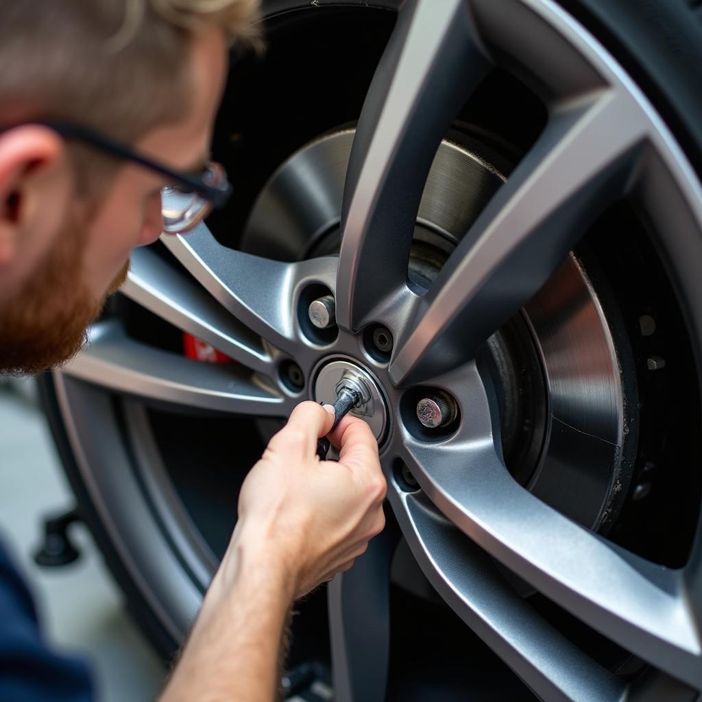  Close-up of a technician meticulously repairing a scratched alloy wheel in Sunderland.