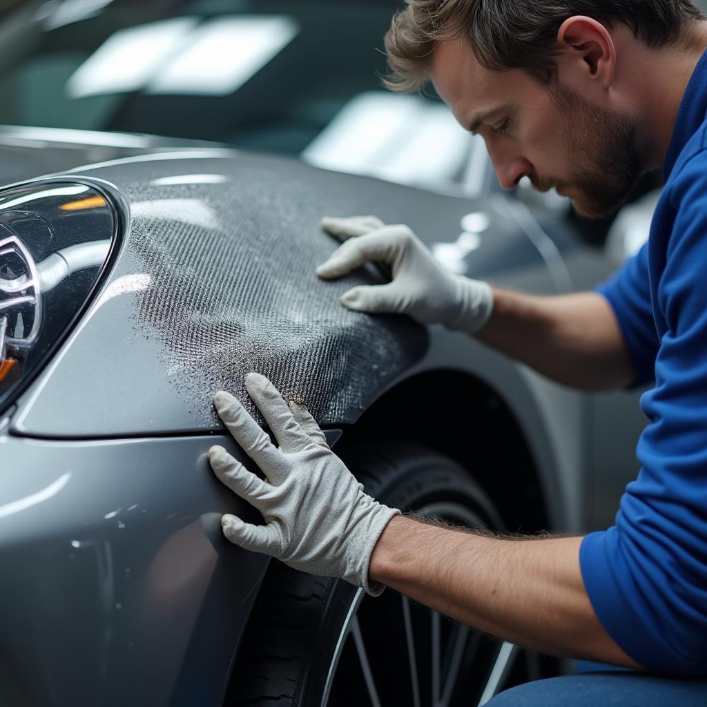 Aluminium mesh being used to repair a dented car body