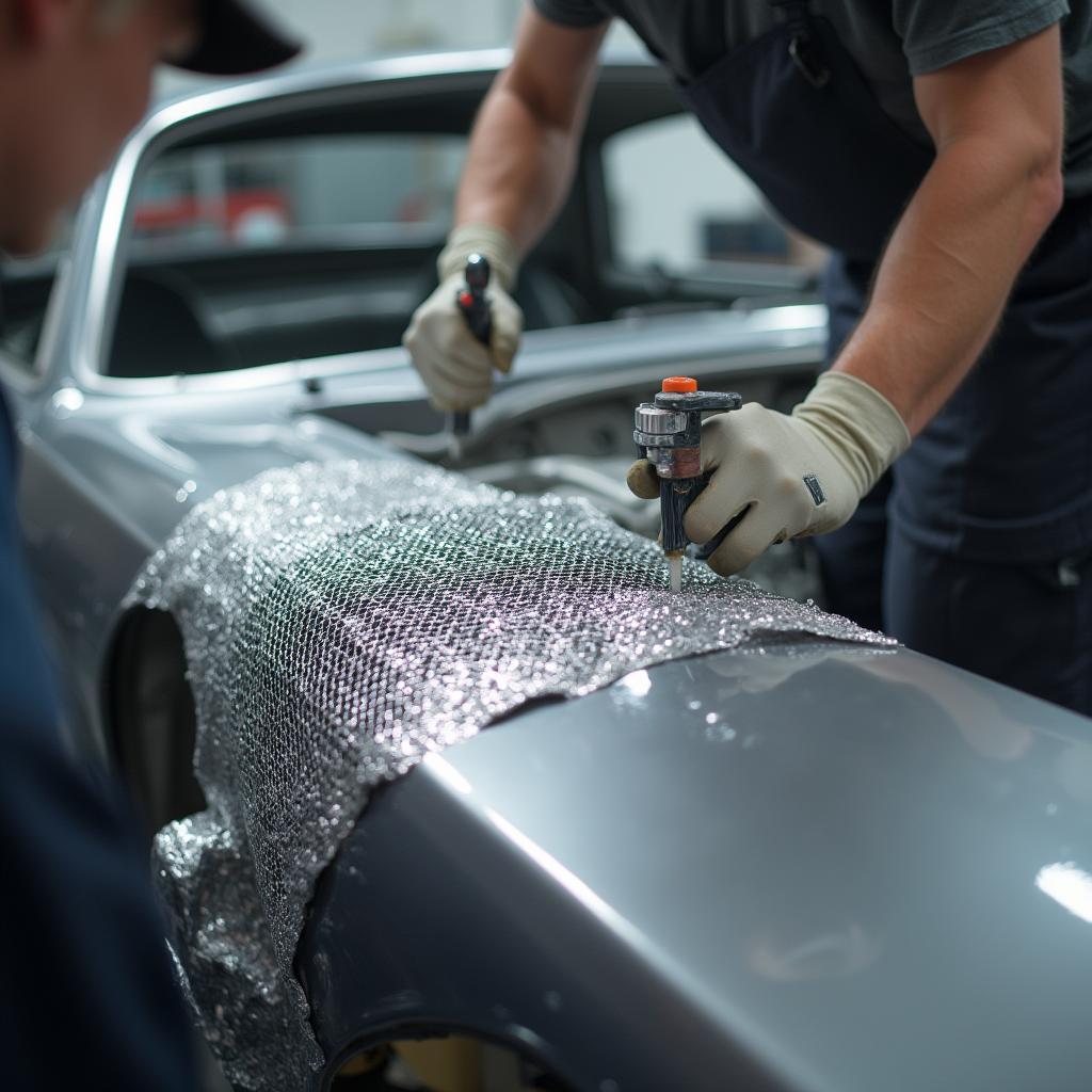 Aluminum mesh being used to repair a car body