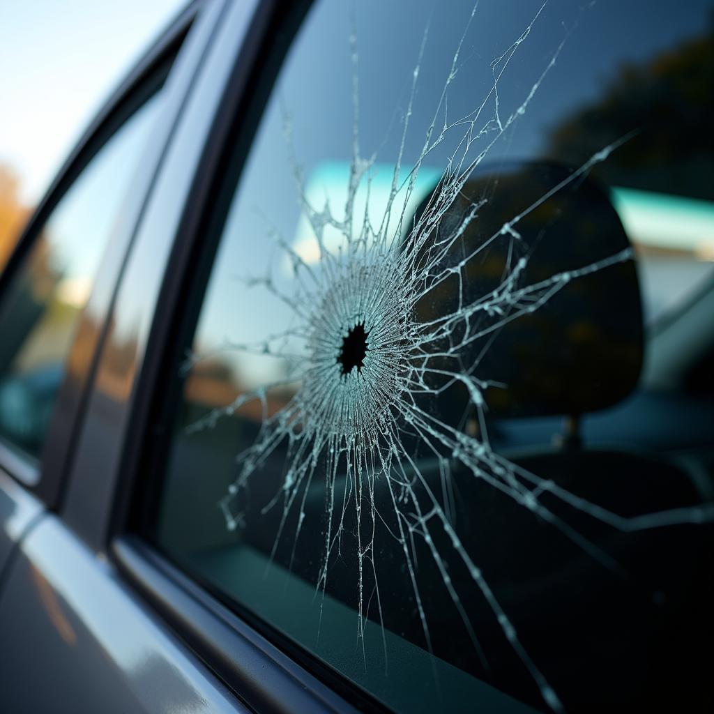 Car window with a large crack