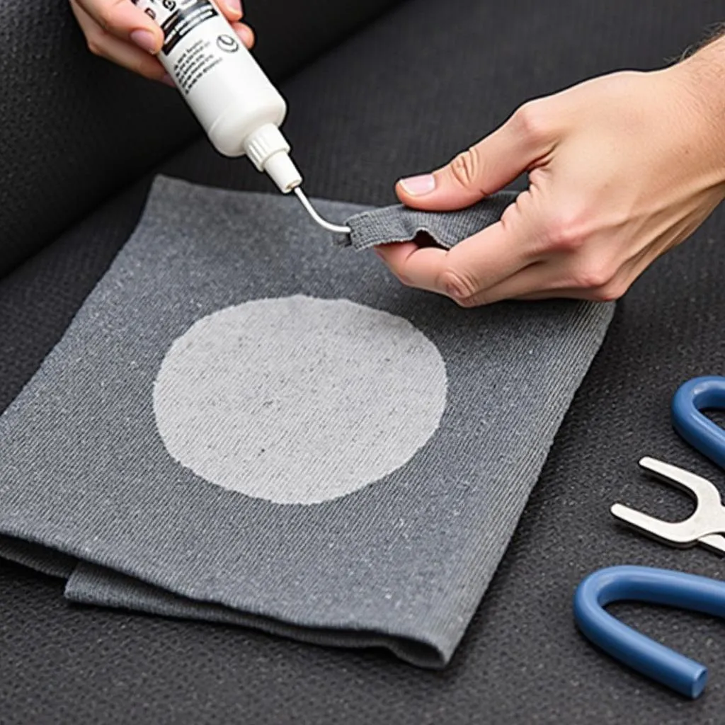 Applying adhesive to car seat patch