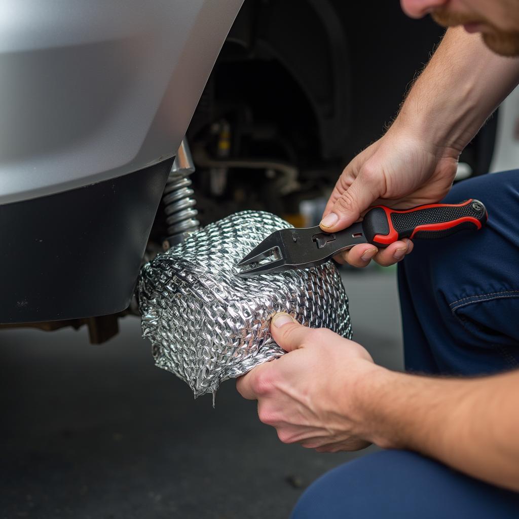 Mechanic carefully applying aluminium mesh to a dent in a car door