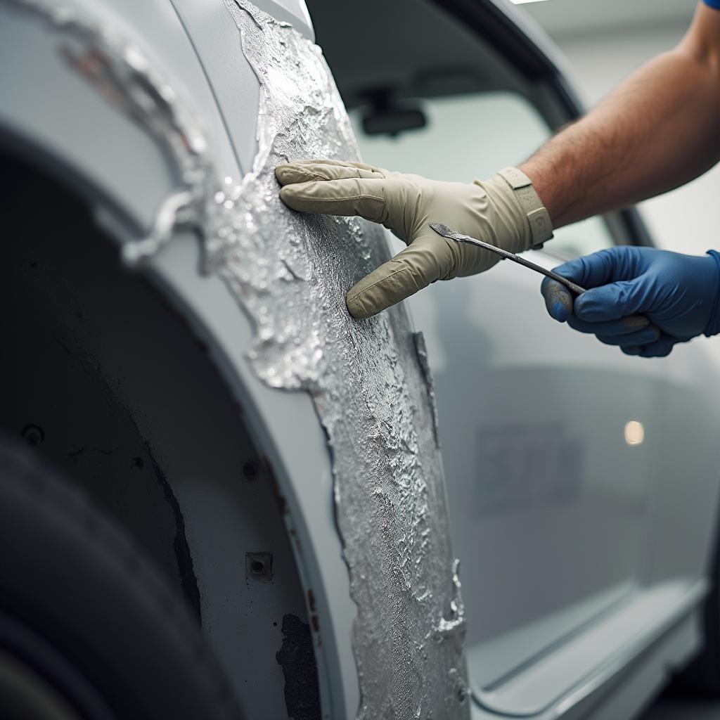  Applying body filler over aluminum mesh during car repair