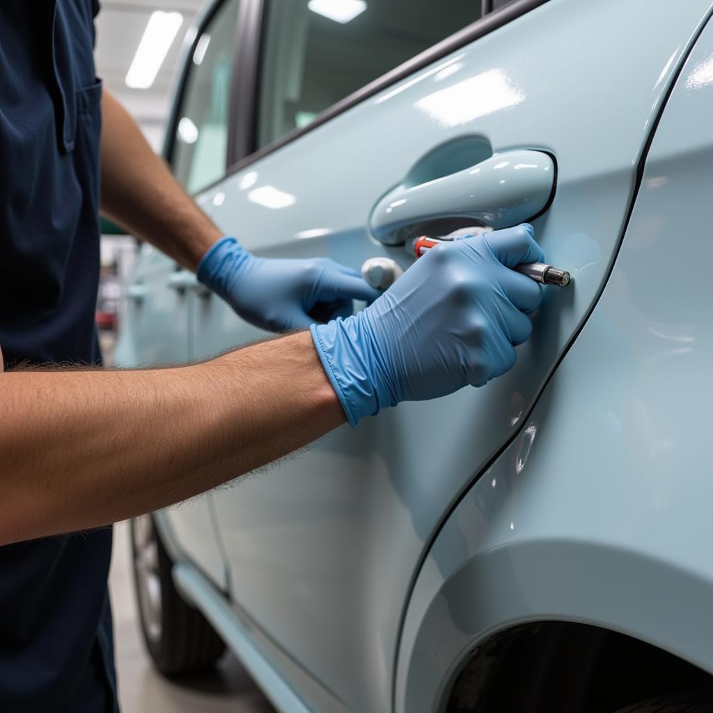 Applying Car Body Filler to Dent