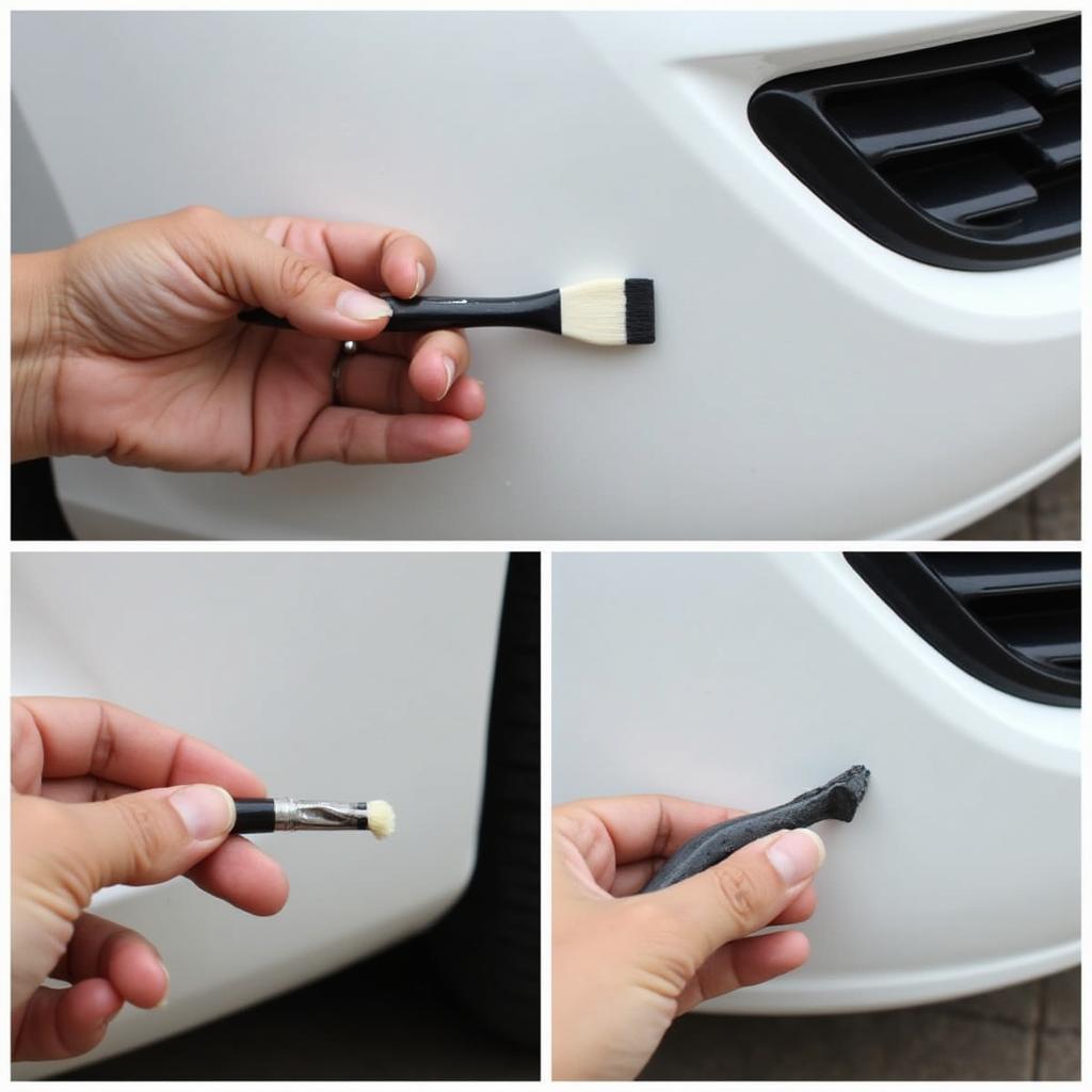 Applying touch-up paint to a car bumper using a brush from the repair kit.