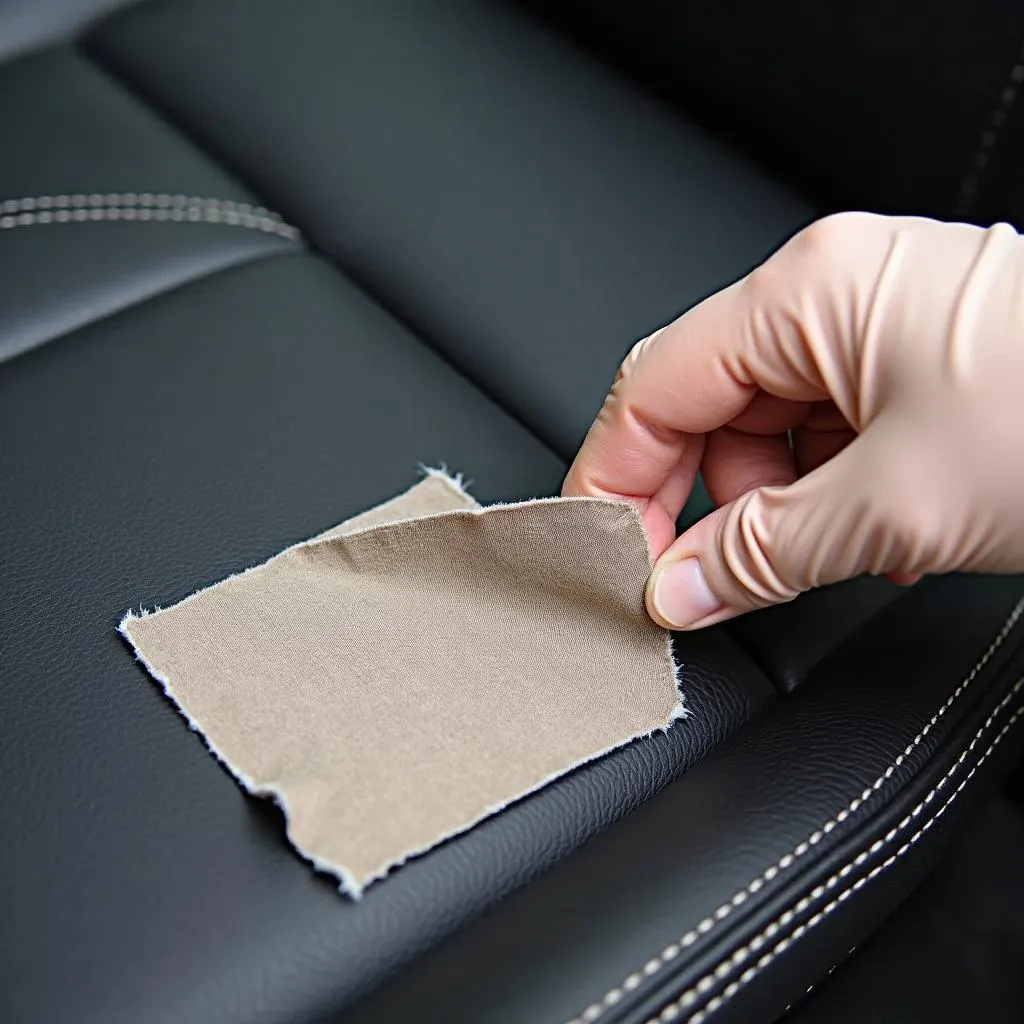 Using a car seat repair kit fabric to fix a tear in a leather car seat. 