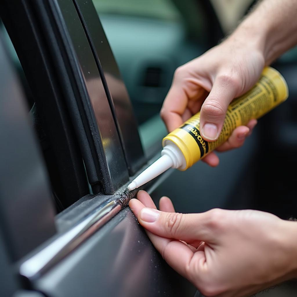 Applying Car Window Sealant to Damaged Area