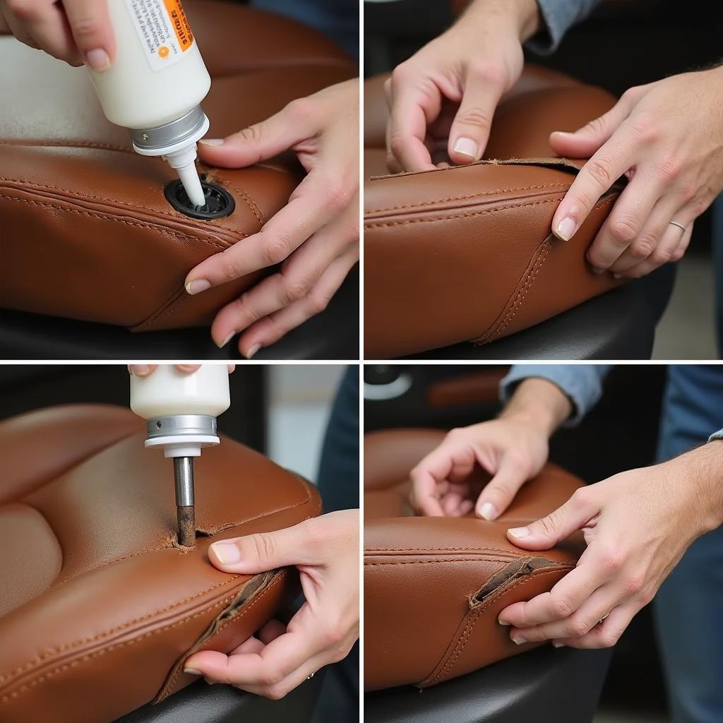 Applying leather adhesive to a car seat tear