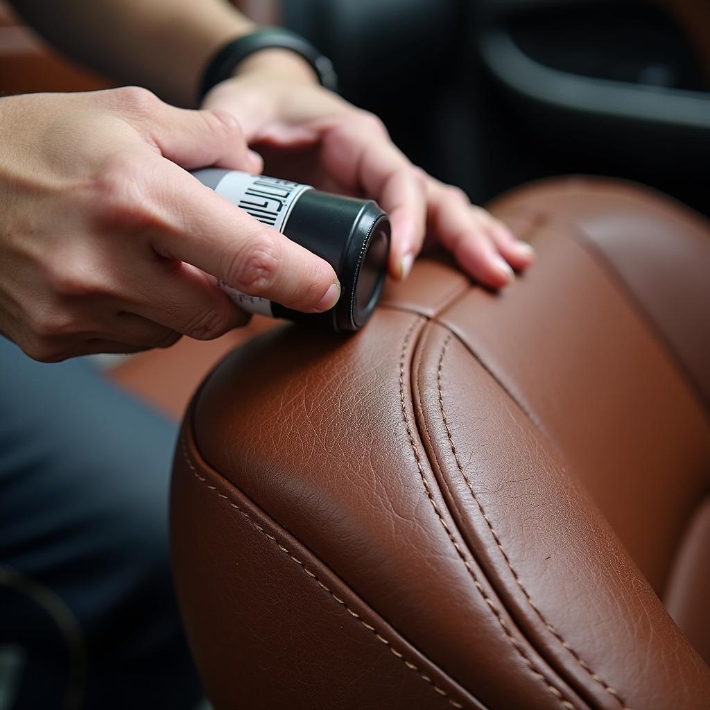  Applying leather conditioner to the repaired car seat seam.