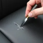 Using a putty knife to apply leather filler on a car seat scratch