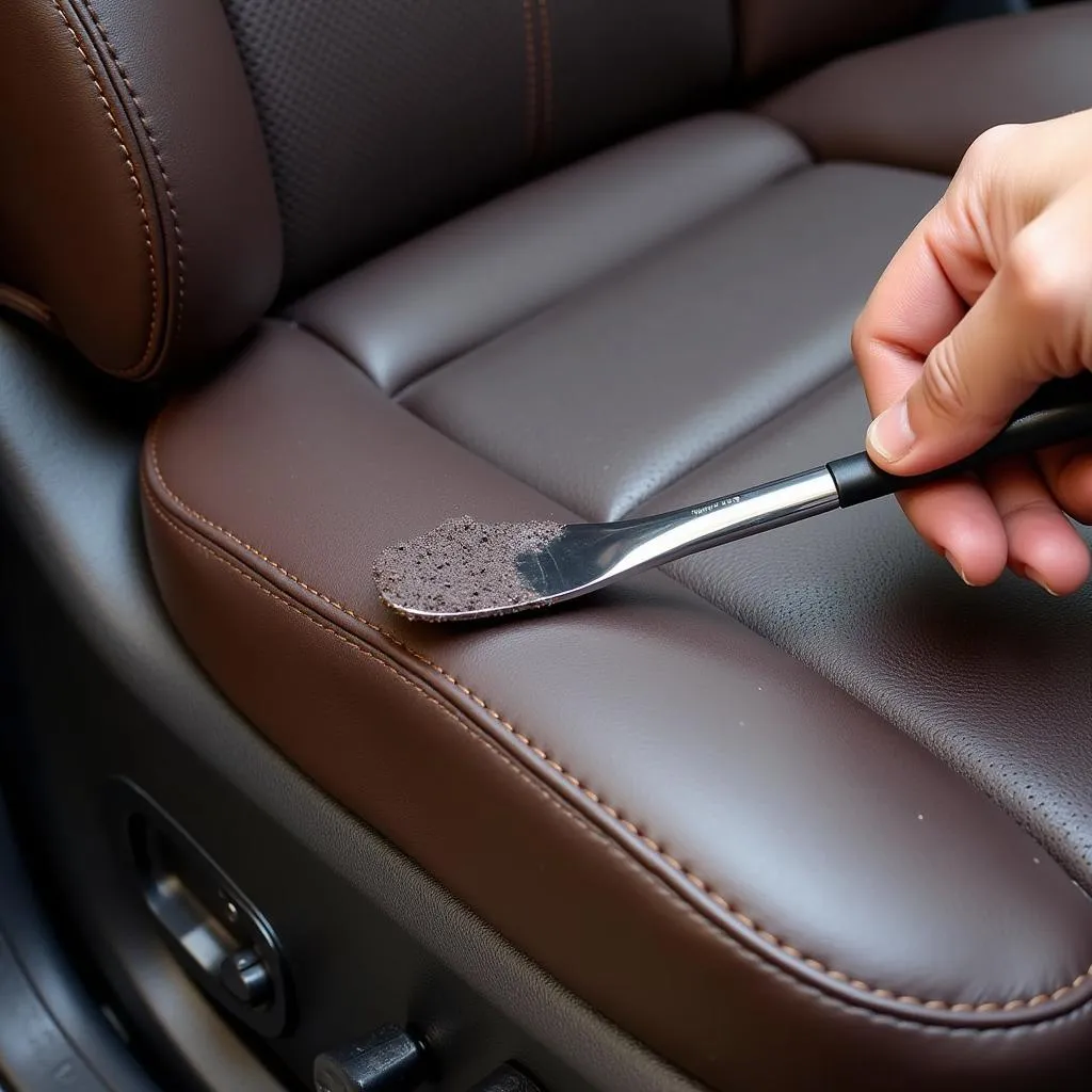 Applying leather filler compound to a small rip in a car seat