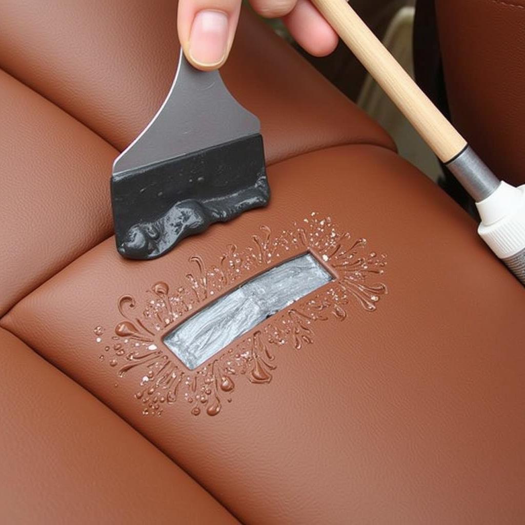 Applying liquid leather repair compound to a car seat tear