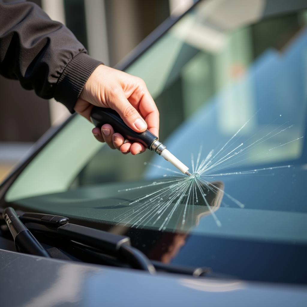 Applying resin to a windshield crack with a specialized tool.