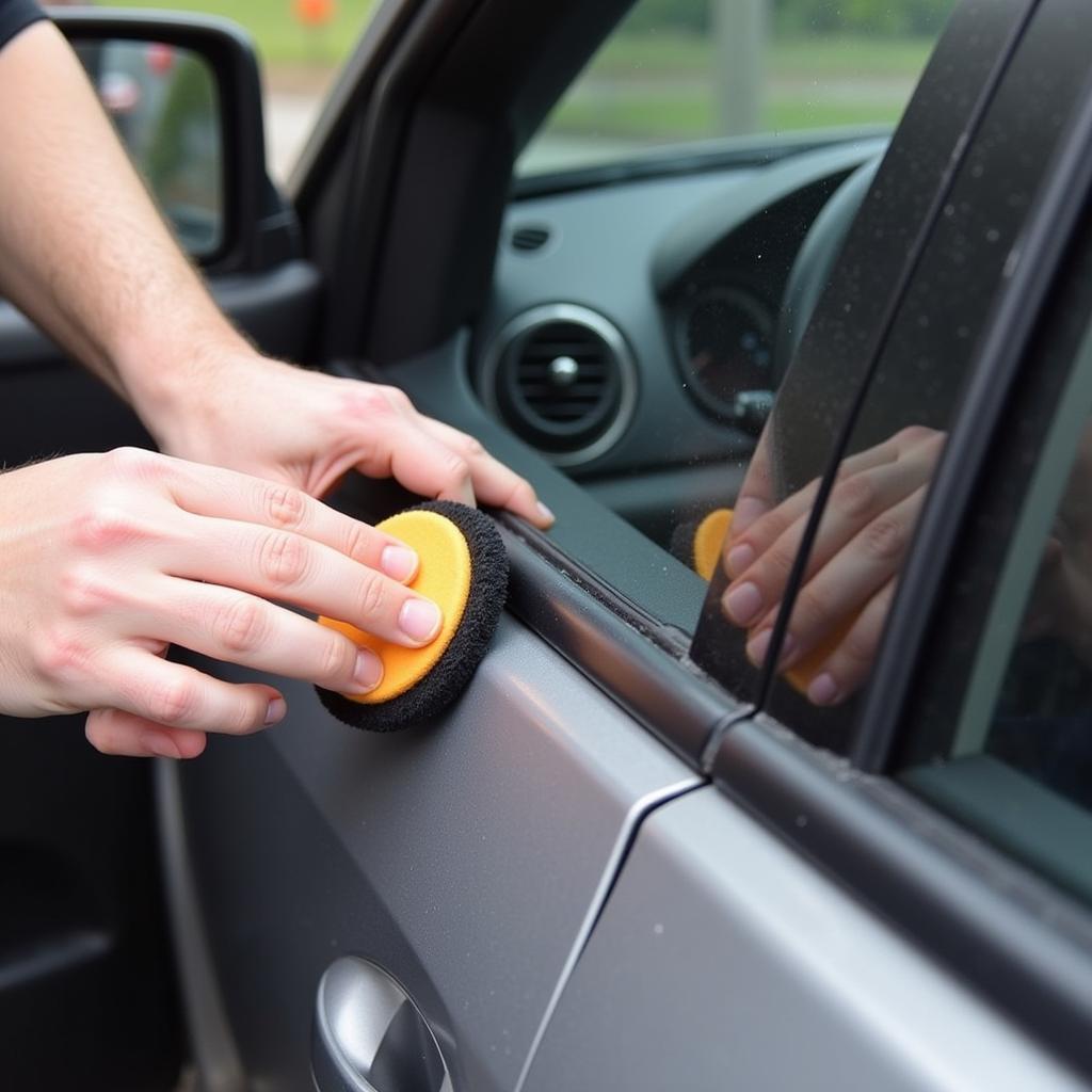 Applying Rubber Conditioner to Car Window Seal