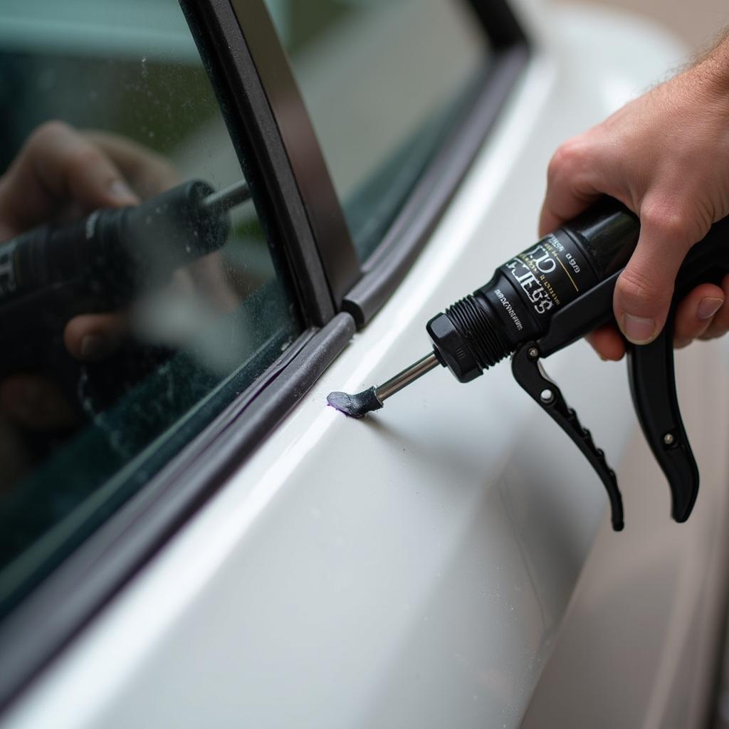 Applying Rubber Sealant to Car Window