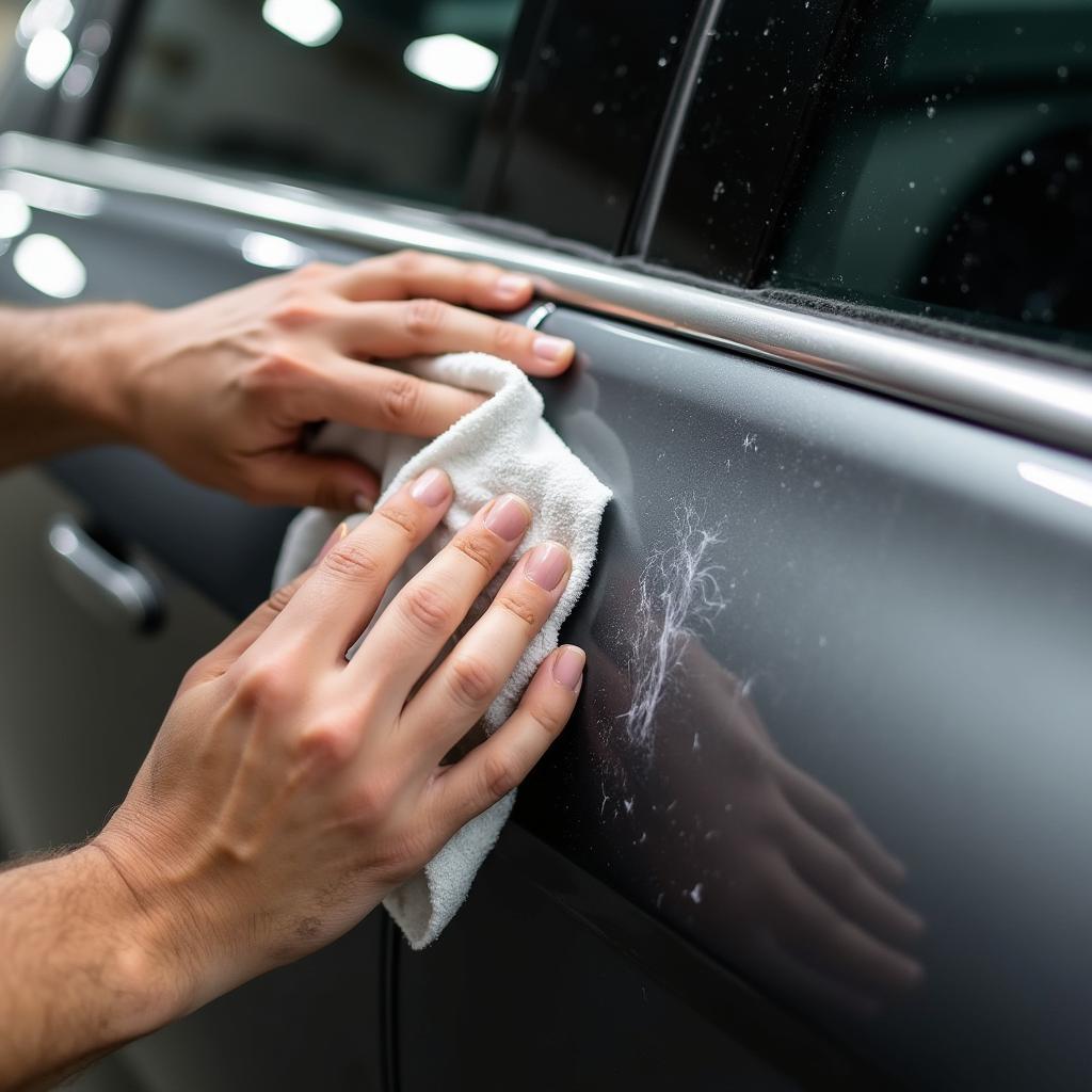 Applying Rubbing Compound to Car Scratch