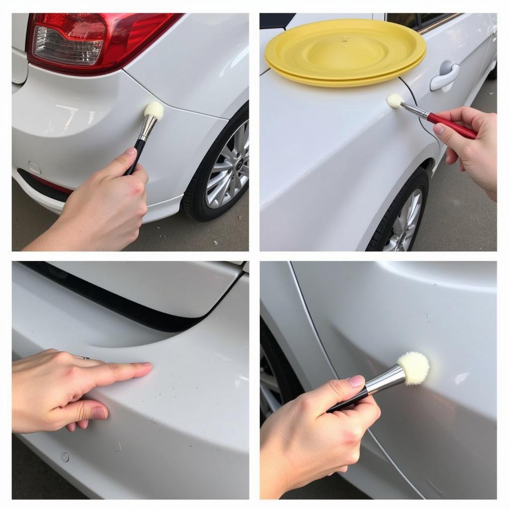 Applying touch-up paint to a car bumper scratch