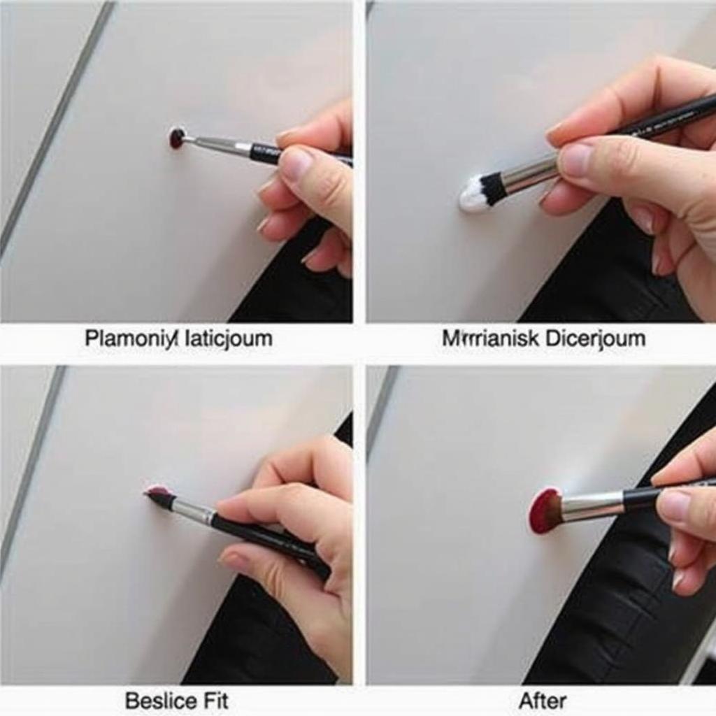 Applying car touch-up paint to a chip using a fine brush.