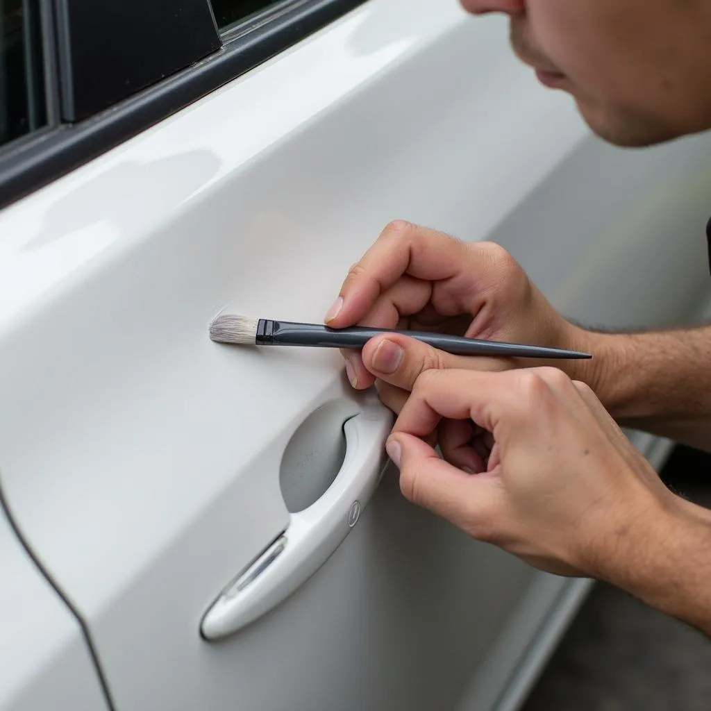 Applying touch-up paint to a car paint scratch using a fine-tipped brush