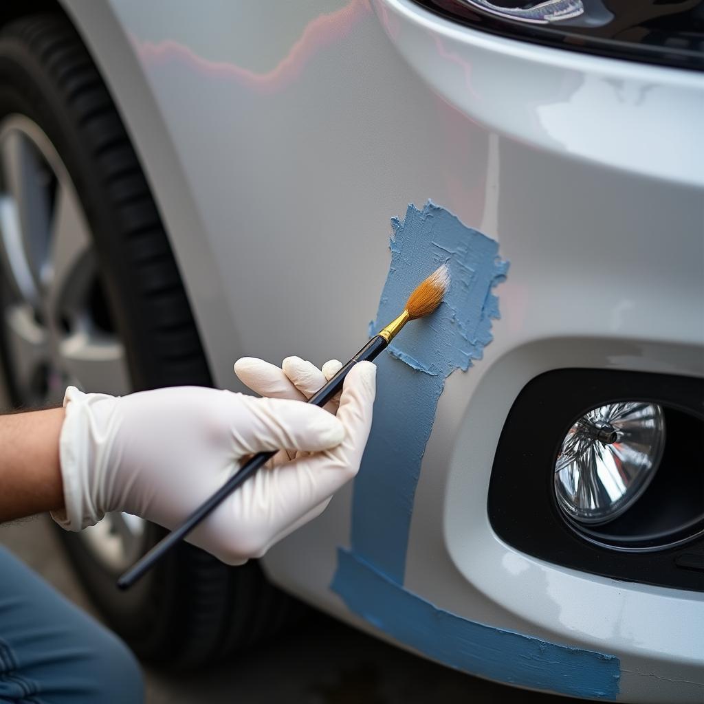 Applying touch-up paint to a car bumper with a fine brush