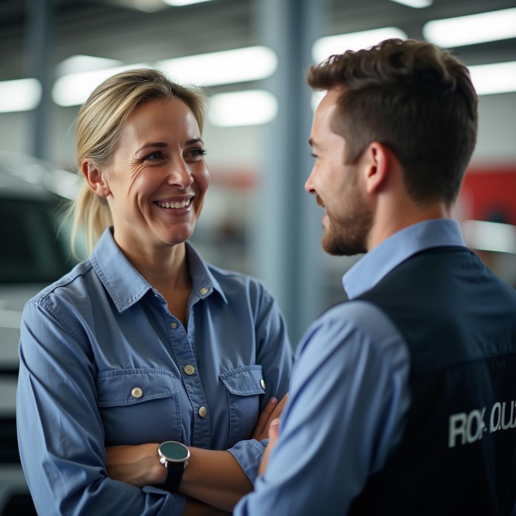 Customer asking questions at a car body repair shop in West Sussex