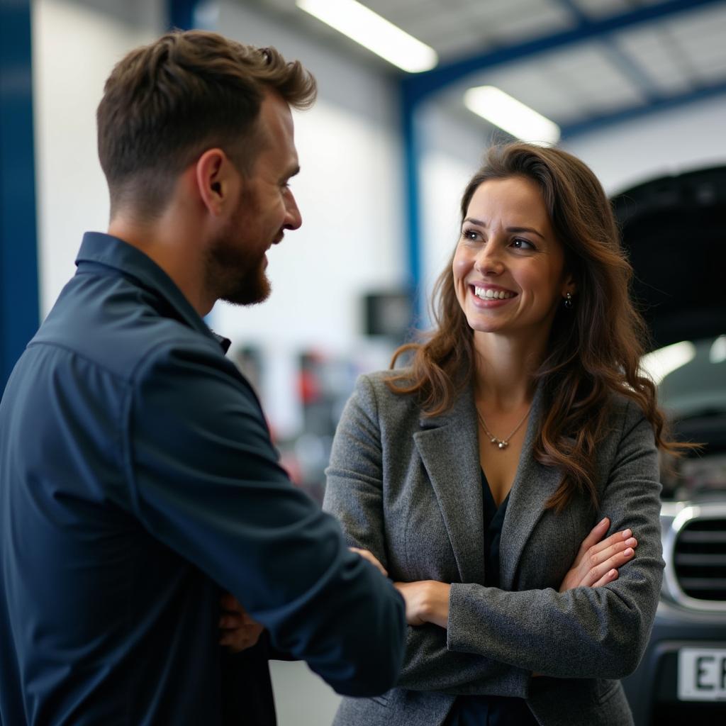 Customer discussing car repair with a mechanic in Llandeilo