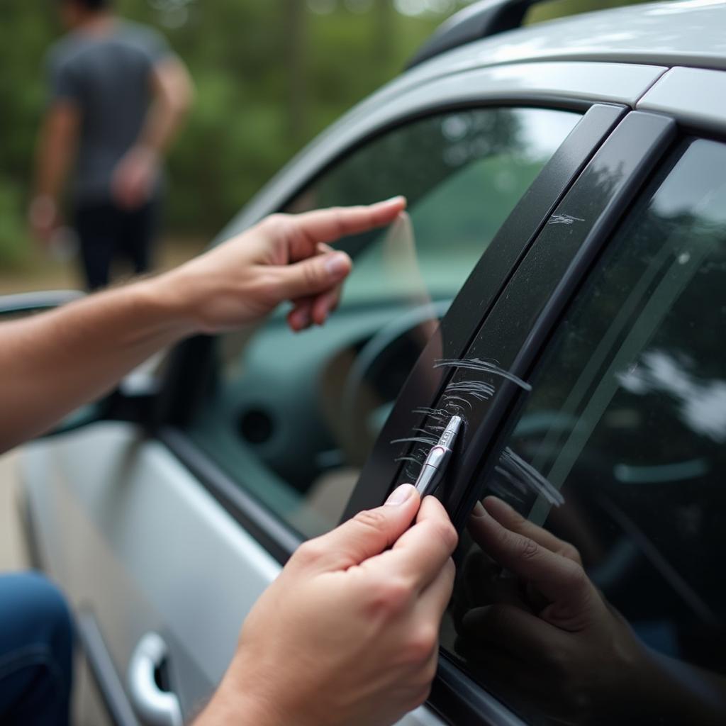 A person inspecting a scratch on a car window