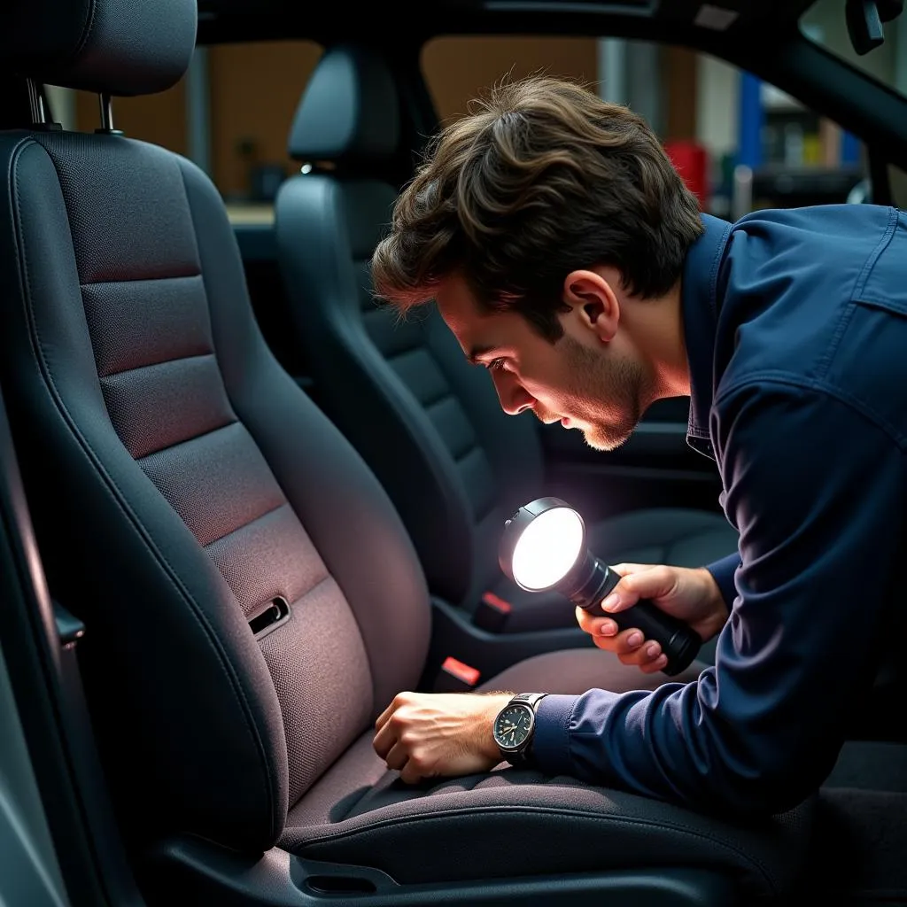 Mechanic assessing the size and type of rip in a car seat