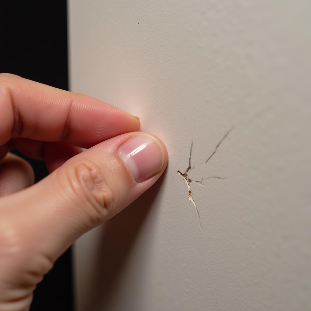 A person assessing the depth of a keyed car scratch using their fingernail