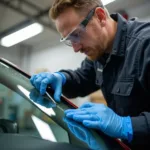 Car window repair technician working on a windshield