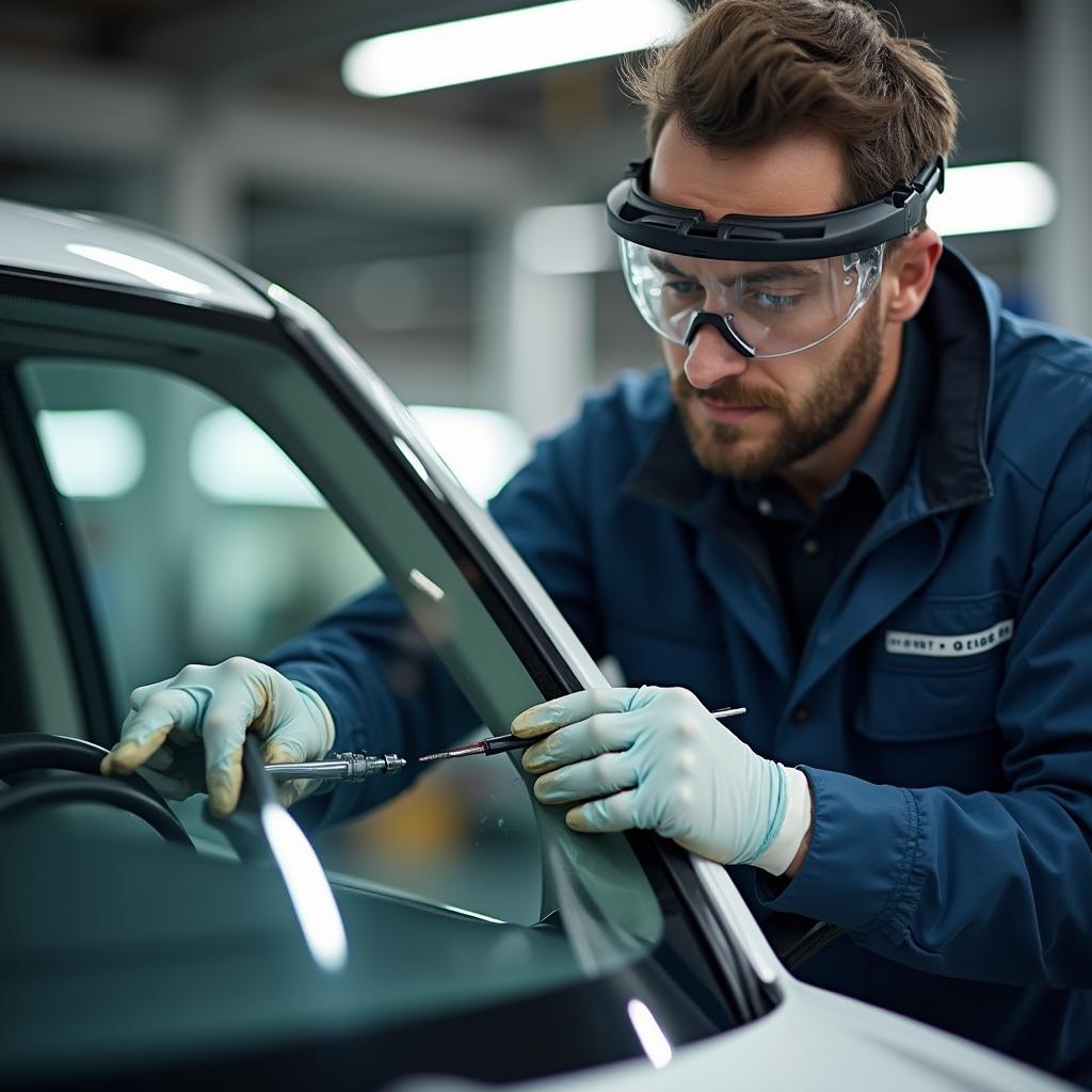 Auto Glass Technician Repairing Windshield