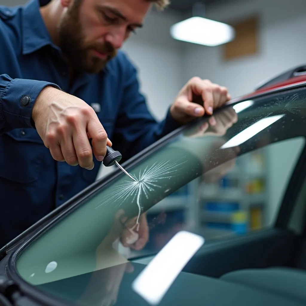 Technician Repairing a Windshield