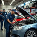 Modern car body repair shop with technicians working on vehicles