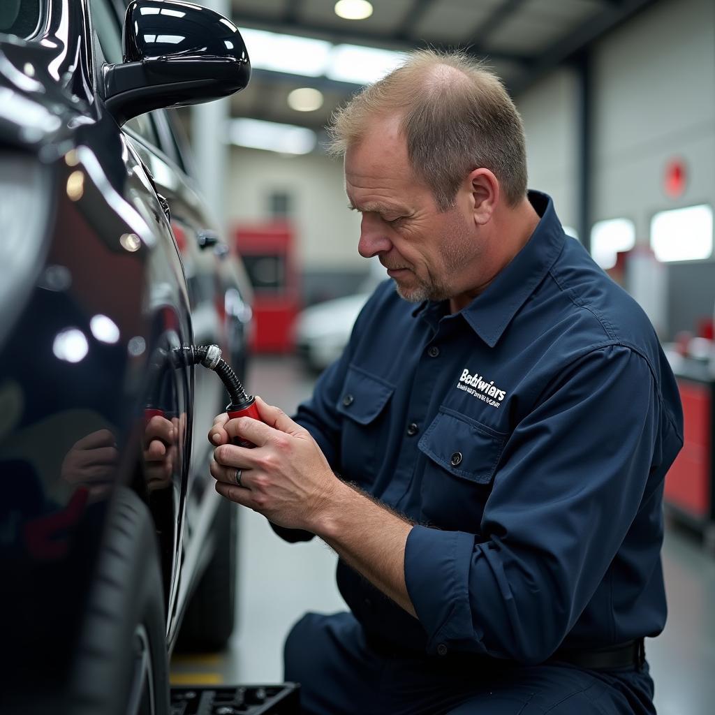 Skilled technician assessing car damage with specialized tools