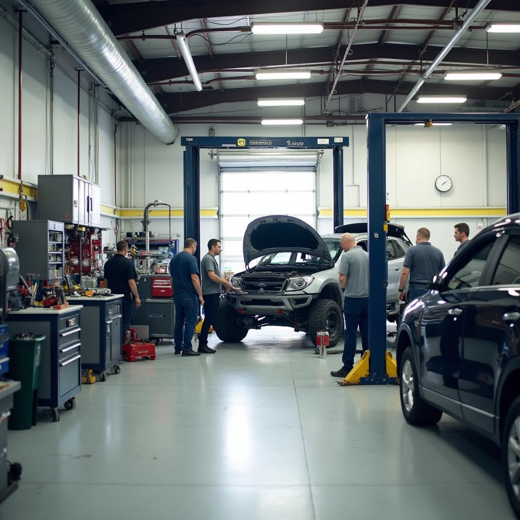 Interior of a professional car body repair shop in Beechmont, OH