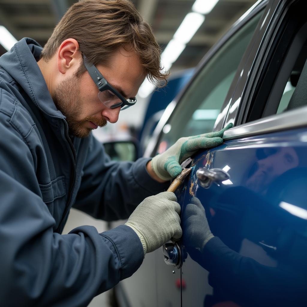 Car body repair technician working on a vehicle in Beechmont, OH