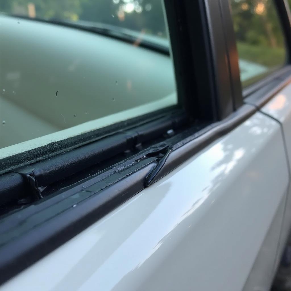 Bent car window channel showing signs of damage