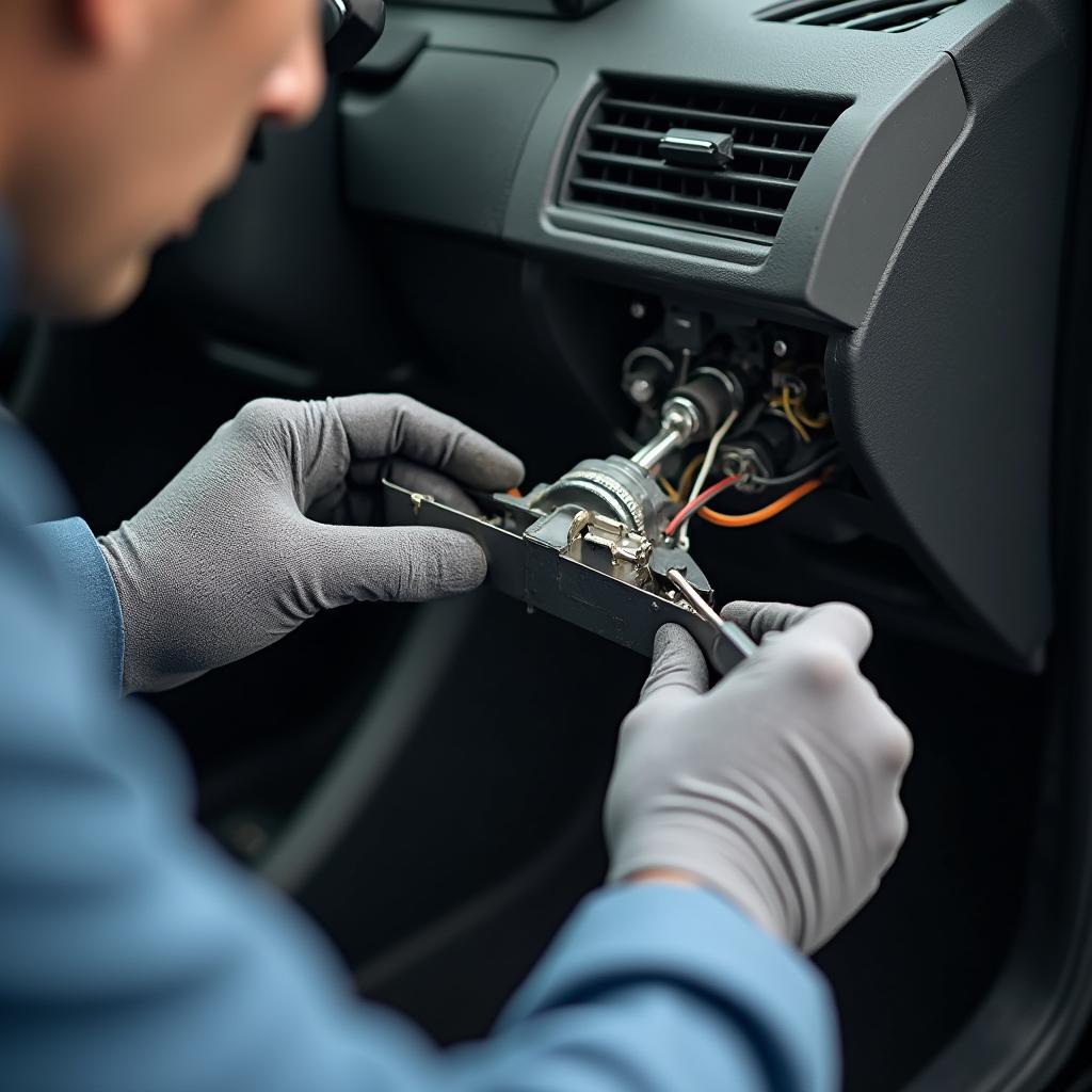 Close-up of a mechanic's hands working on a car window regulator mechanism