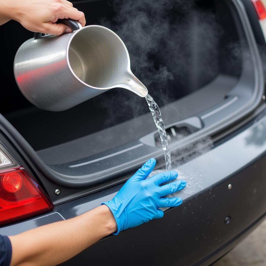 Boiling water being used to remove a dent from a plastic car bumper