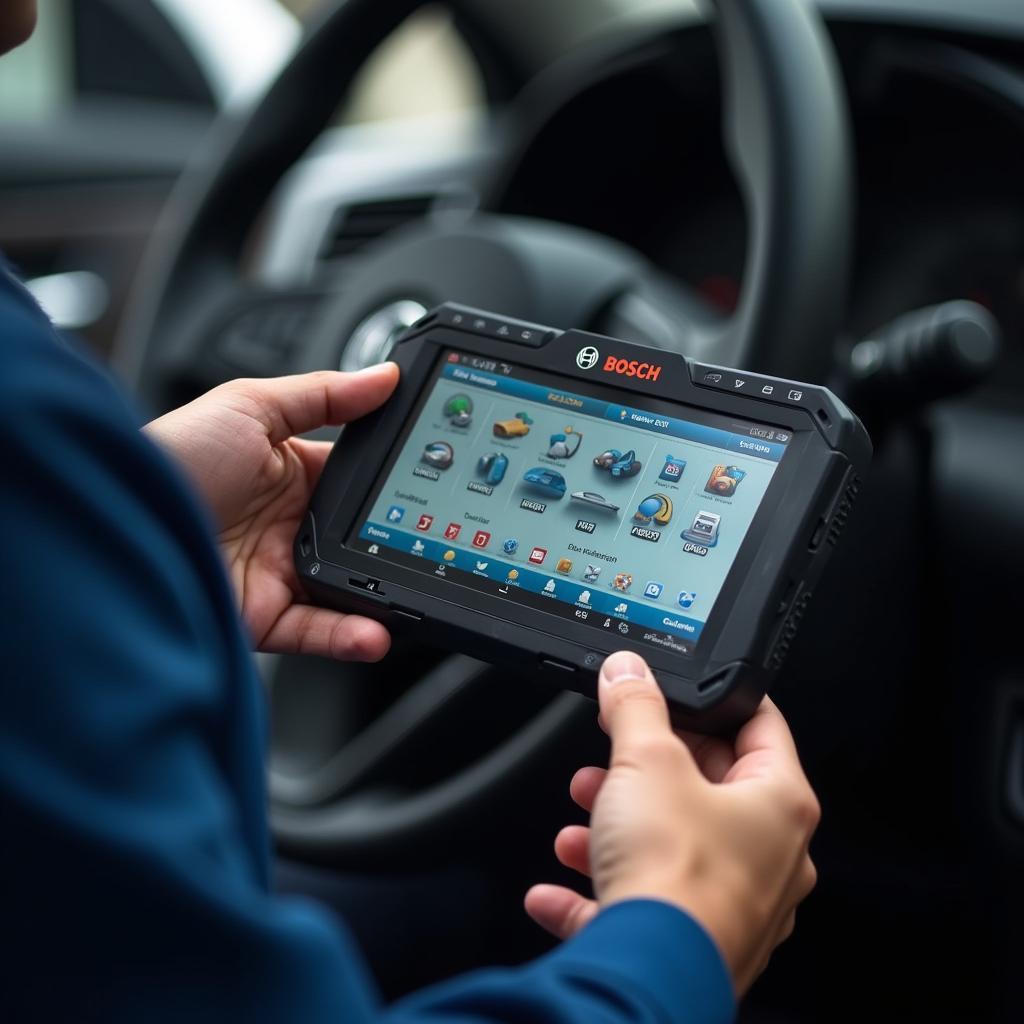 Skilled Technician Using Advanced Diagnostic Tools at Bosch Car Service in MacArthur