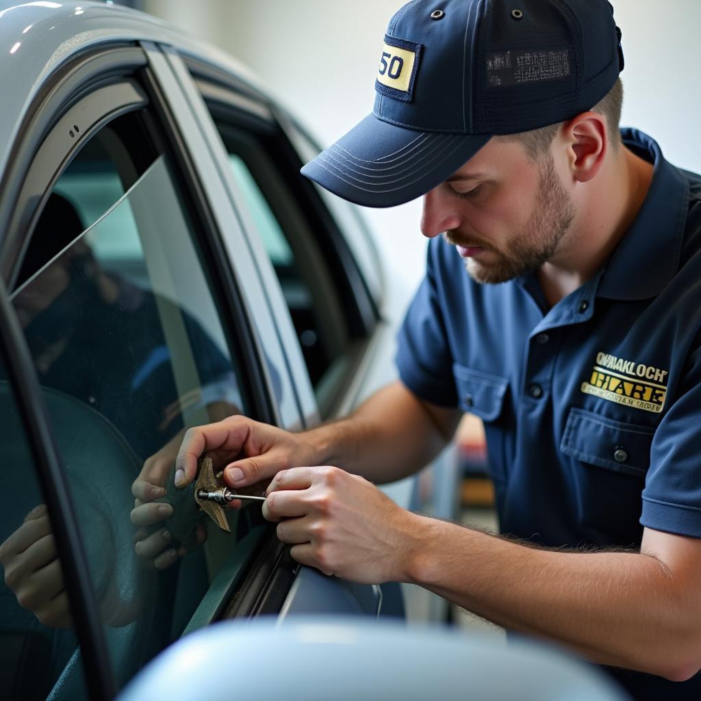 Experienced auto glass technician working on a car window in Bozeman