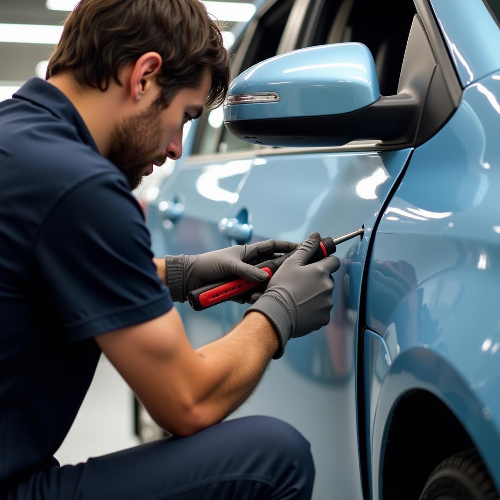 A technician in Brisbane repairing a dent on a car door