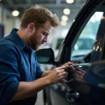 Experienced technician repairing a car window in Brisbane