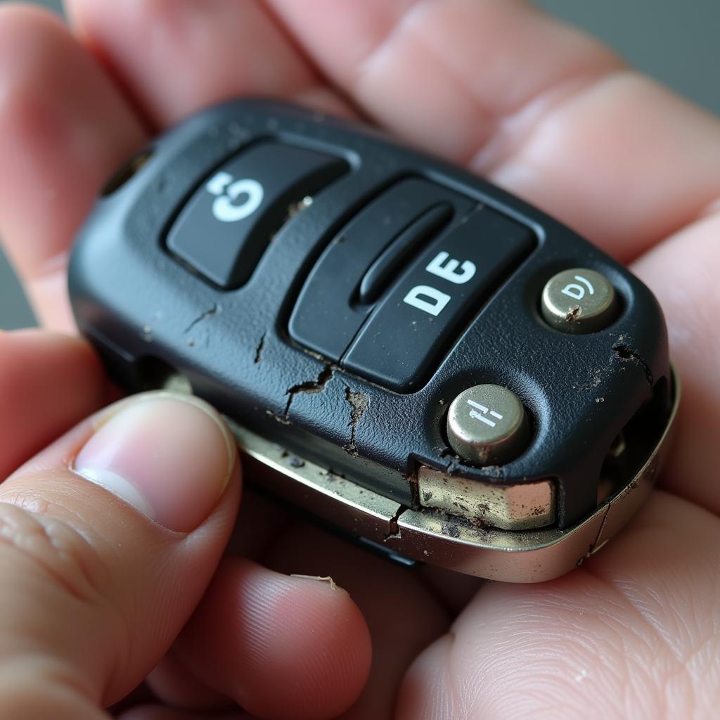 Close-up of a broken car key case showing cracks and damage